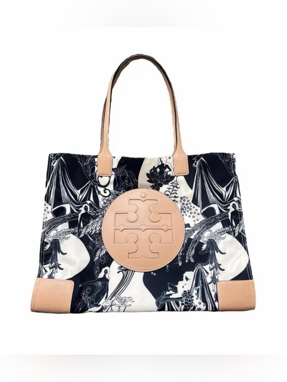 Tory Burch Ella Tote- Black & Beige Printed Canvas Tote